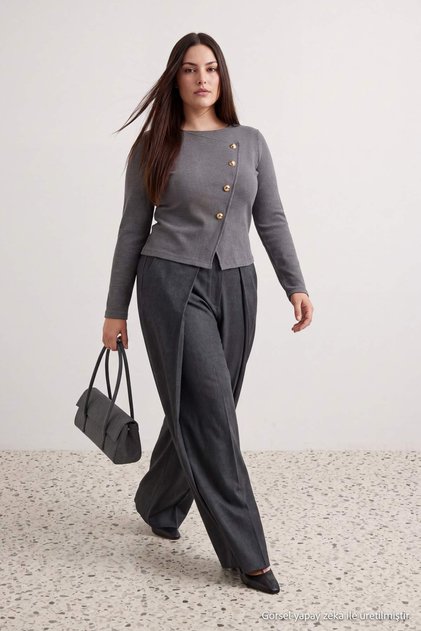 Gray Asymmetric Button Detailed Turkish Look Regular Knitted Blouse Tbbaw27Af00045