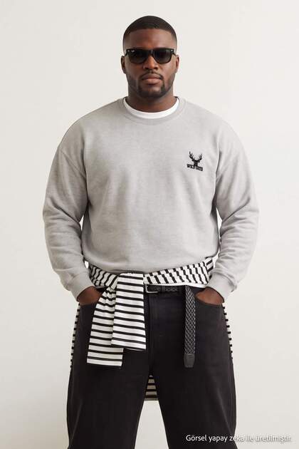 Plus Size Gray Oversize/Wide Cut Embroidered Sweatshirt Tmnaw27Ao00011