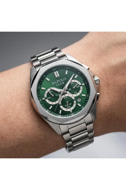 Men's Wristwatch Silver Color, Green Dial - Stylish Metal Band, 2 Years Warranty