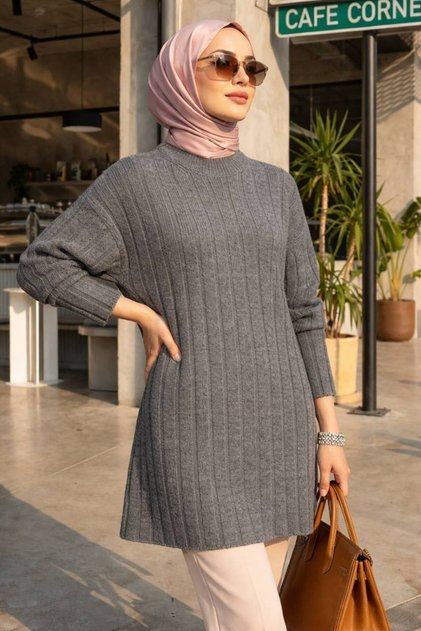 Ribbed Smoked Hijab Knitwear Sweater 8844Fu