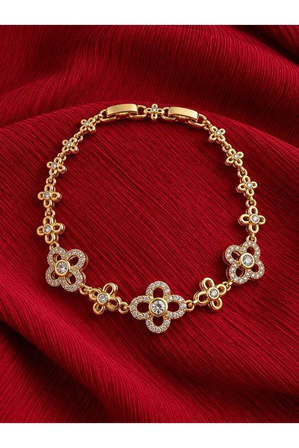 Jewelry Store Model Stone Clover Flower Women's Bracelet – Gold Color Adjustable Size Elegant Bracelet