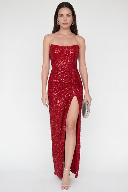 Women's Red Strapless Neckline Slit Long Sequin Evening Dress