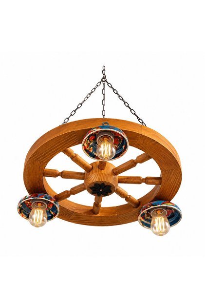 Candelabru rustic din lemn masiv, tip roată de carucior - 3 becuri, culoarea stejar