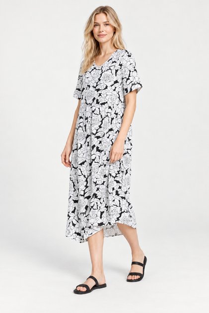 Black and White Rose Patterned Relaxed Fit Women's Dress Midi Length Casual Summer Dress