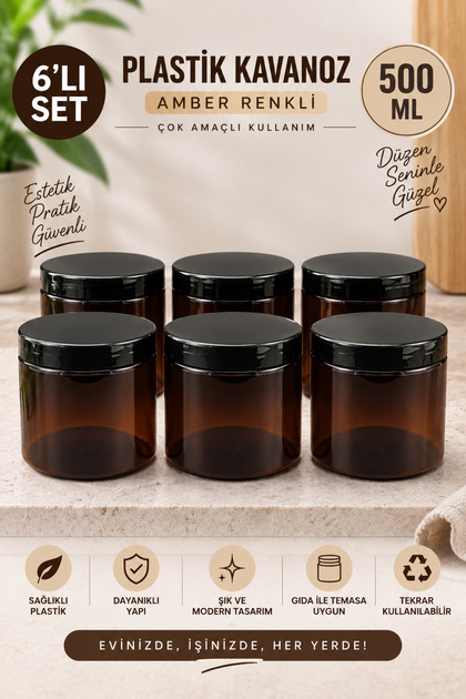 500 ml Amber Plastic Jars Set of 6 with Black Lids for Cosmetics, Candles, Cream Storage Jars