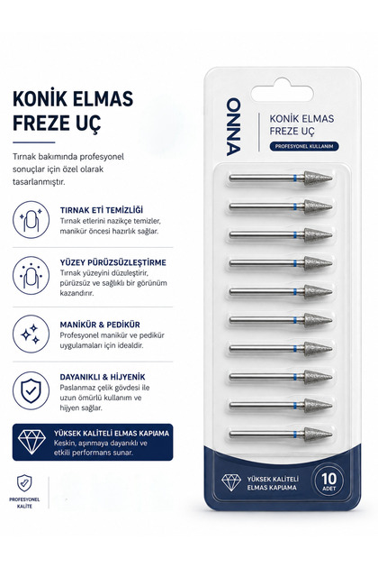 Konik Elmas Freze Uç 10lu set — Tırnak Eti Temizleme & Manikür Pedikür Ucu