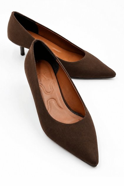 Lang Women's Satin Brown Short Heeled Comfortable Sole Pointed Toe Classic Heeled Shoes
