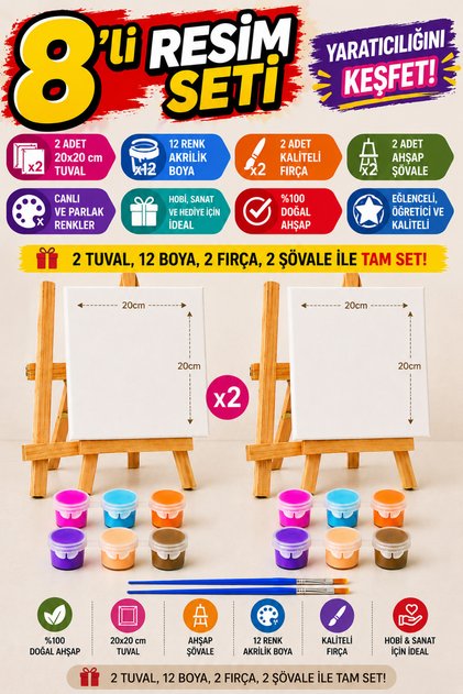 2set20X20 CM TUVAL MİNİ ŞÖVALE AKRİLİK BOYA FIRÇA SETİ