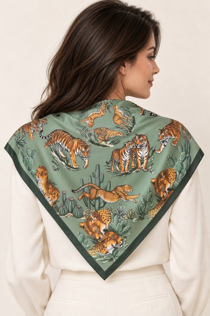 Savannah Tiger – Safari Tiger Patterned Khaki Green Satin Scarf 70×70 cm