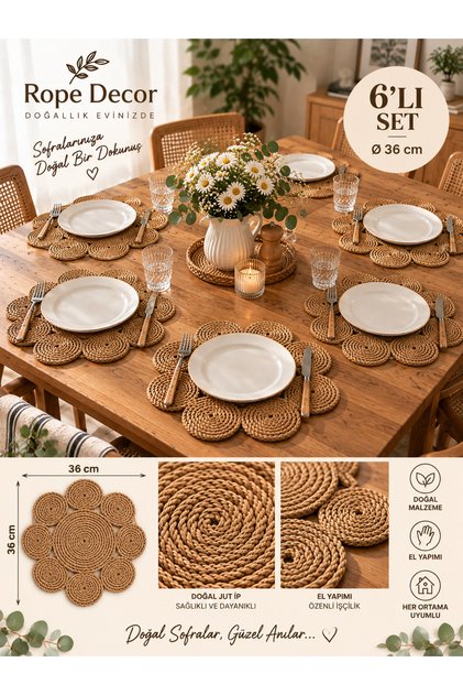 6 Person Daisy Wicker Rope Jute American Service Supla Under Service 36cm