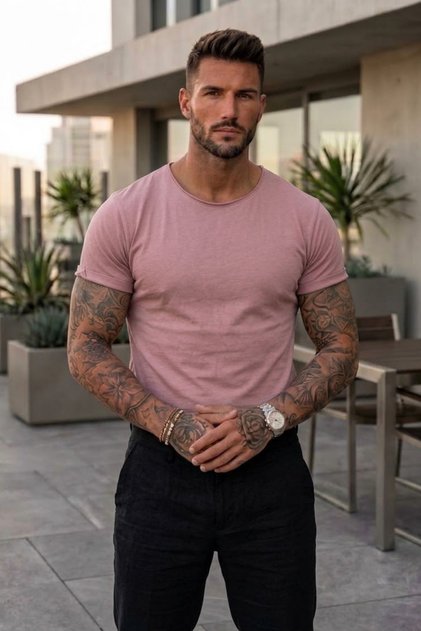 % 100 Pamuklu Pis Yaka Etek Oval Kesim Gül kurusu Tshırt - (4539)
