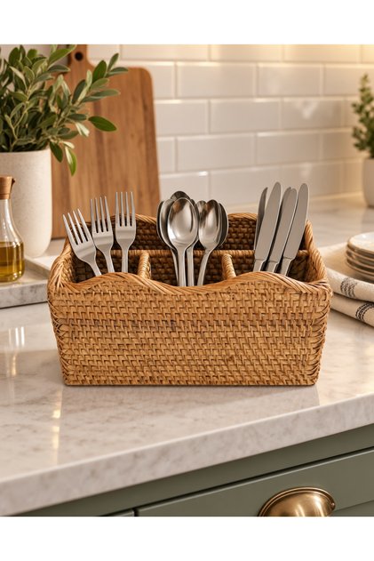 Doğal Rattan Örgü Çok Bölmeli Organizer Sepet – Mutfak, Banyo ve Ev Düzenleyici