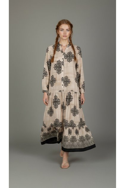 Damask Patterned Maxi Dress, High Collar, Long Sleeves, Buttoned, Beige Black, Loose Viscose Dress