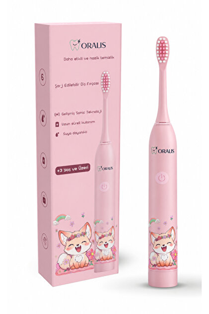 Çocuk Şarjlı Diş Fırçası, Titreşimli, 2 Yedek Başlık, IPX7 su geçirmez, Pembe