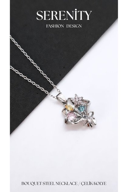 Colorful Flower Bouquet Figured Steel Necklace
