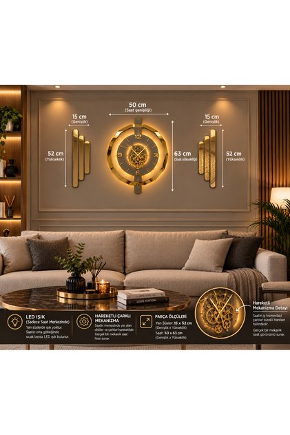 3lü Set Duvar Saati Hareketli Çarklı ve Ledli Premium Rotating Gears Mirror Wall Clock ANTRASİT GOLD