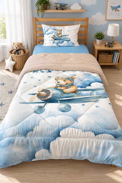 Double Sided Cute Teddy Bear Pattern Quilted Quilt - Single Sleeping Set