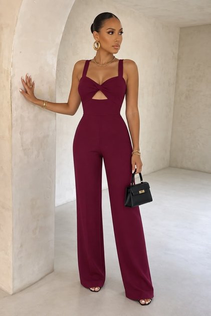 Heart-Shaped Neckline, Cross-Detailed, Wide-Leg Evening Gown Jumpsuit 582147 Purple