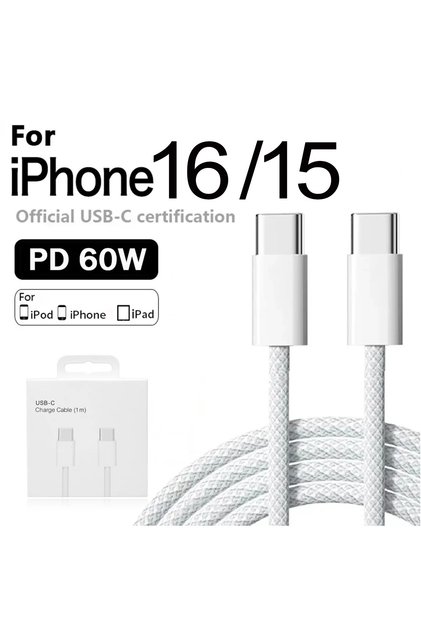 كابل شحن سريع أصلي بطول متر واحد، بقوة 60 واط، من نوع USB-C إلى USB-C، متوافق مع أجهزة iPhone 16 Pro Max و15 Plus.