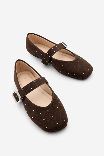 Women's Blunt Toe Buckled Studded Ballerinas Velona Brown Suede