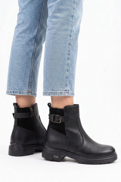 Contesa side buckle zippered women's genuine leather boots black skin