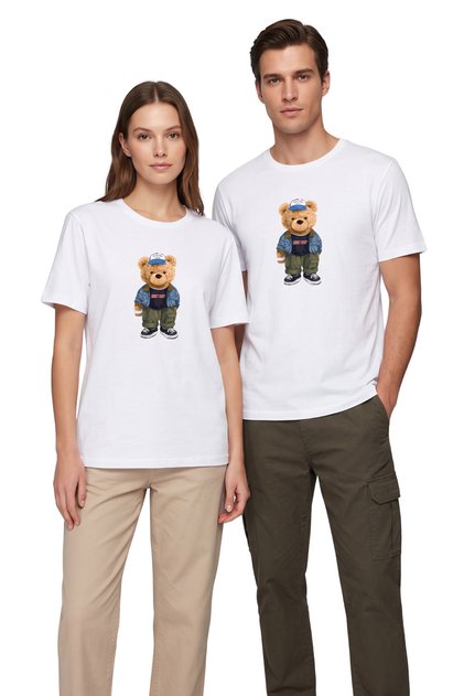 Beyaz Renk Basic Teddy Bear Baskılı Erkek T-shirt Dks4192