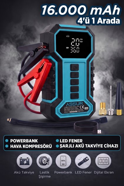 16.000 mAh Taşıma Çantalı Akü Takviye Cihazı | Hava Kompresörü | Powerbank | Led Işık |