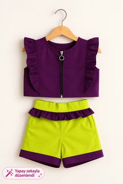 Girl's Zipper and Ruffle Detailed Bottom Top Set 9-12 Years 11926