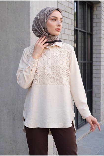 Lace-trimmed Skirt with Button Detail Shirt - beige