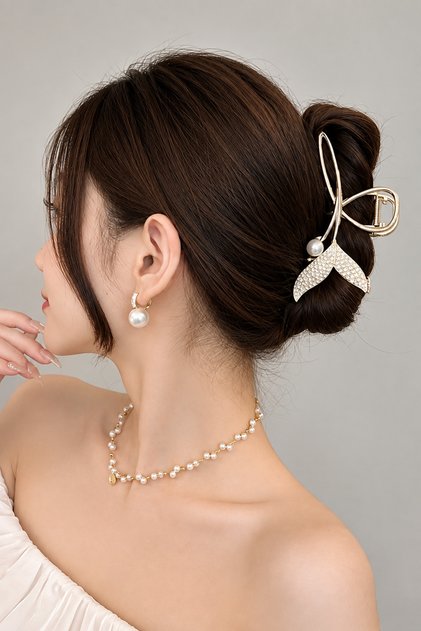 Gold Metal Fish Tail Hair Clip with Pearl Detail Bun Clip