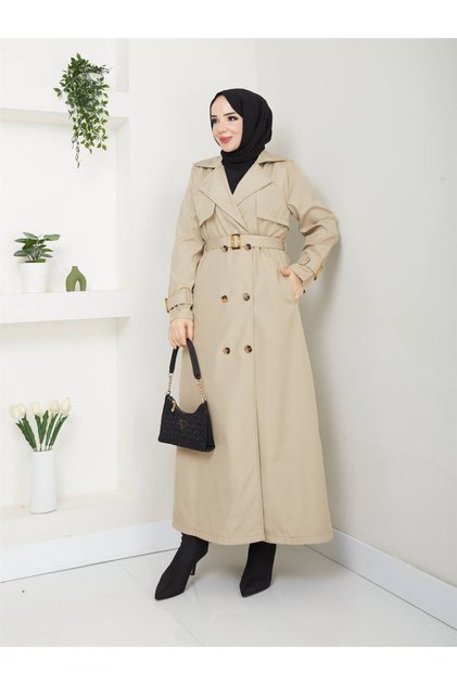 Trench Coat with a Shawl Collar and Belt, Full Length, Tunic-Style Coat.