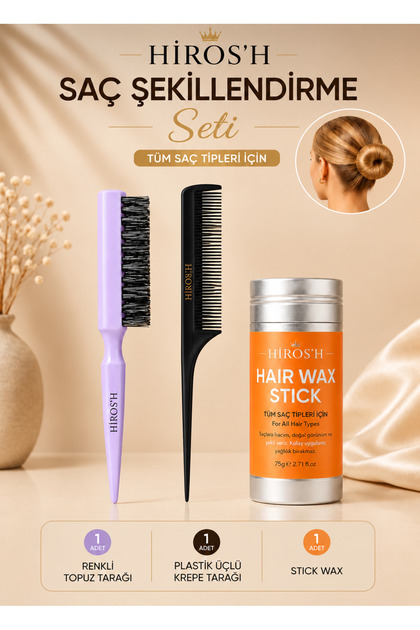 HİROS'H Profesyonel Topuz Fırçası Renkli Stick Wax ve Metal Uçlu
