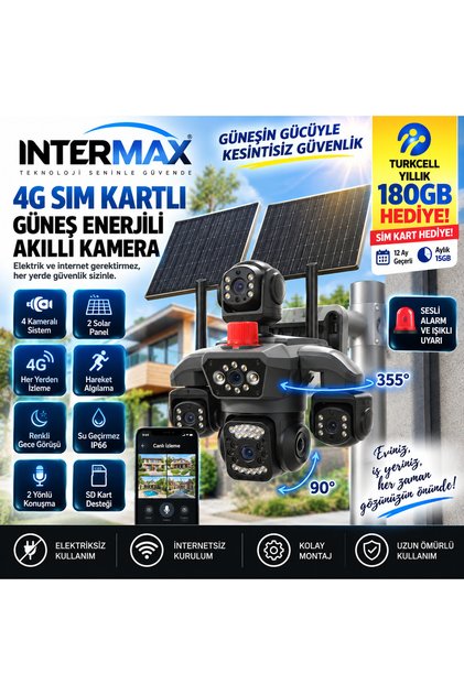 4 KAMERA - 3 PTZ OTOMATIK + 2 SOLAR PANEL - 4G + eSIM - 25GB TURKCELL - 128GB SD KART + AI + X99TC25