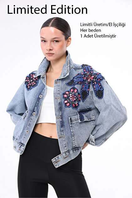 Women's Designer Denim Jacket with Flowers Pattern, Stone Beads, Sequin Embroidery Detail, Blue Oversize Fit Bomber Coat, Limited Edition
