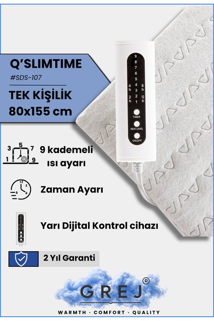 Q'Slimtime - 9 Kademe Isı Ayarı/Zaman ayarlı Tek Kişilik Elektrikli Alt Battaniye - 80x155 cm