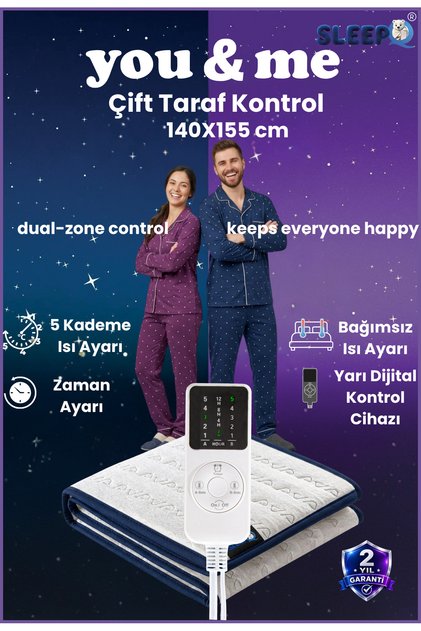 Q'Twin-Çift Taraf Bağımsız Kontrollü 5 Kademeli/Zaman Ayarlı Battal Boy Elektrikli Alt Battaniye-140 x 155 cm