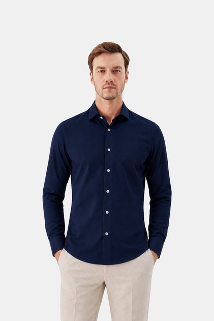 Erkek Lacivert Normal Kesim Regular Fit %100 Pamuk Gabardin Uzun Kollu Klasik Yaka Gömlek