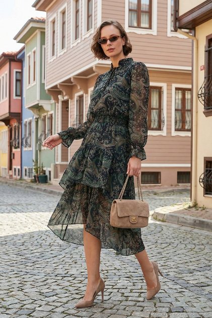 Regular Fit Collar Detailed Flounce Chiffon Midi Dress Women's Dress 611El1448