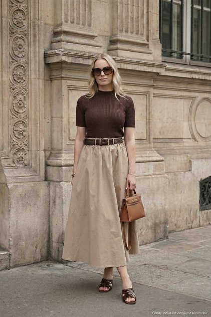 Cotton Relaxed Fit Elastic Waist Belt Detailed Midi Length Skirt Women's Skirt 6921273