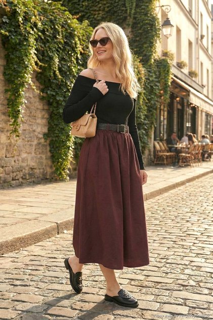 Cotton Relaxed Fit Elastic Waist Belt Detailed Midi Length Skirt Women's Skirt 6921273
