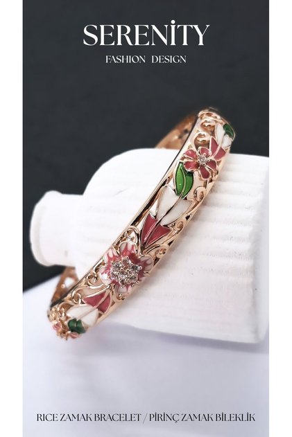 Leaf Flower Embroidered Satin Enameled Brass Plated Zamak Bracelet