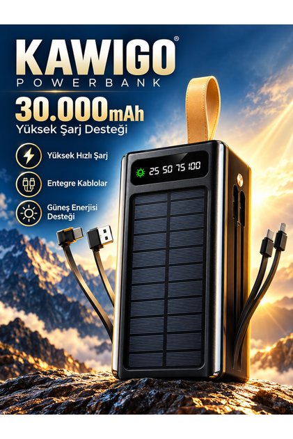 30.000 mAh Solar Powerbank Güneş Enerjili Powerbank Hızlı Şarj Destekli Entegre Kablolu LED Powerbank