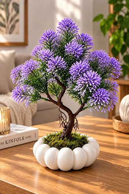 Beyaz Bubble Saksıda Yapay Mor Kasımpatı Bonsai – Dekoratif Yapay Çiçek