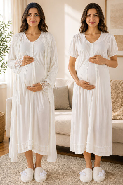 Cotton Short Sleeve Dressing Gown Maternity Nightgown Set Effortt - Ecru