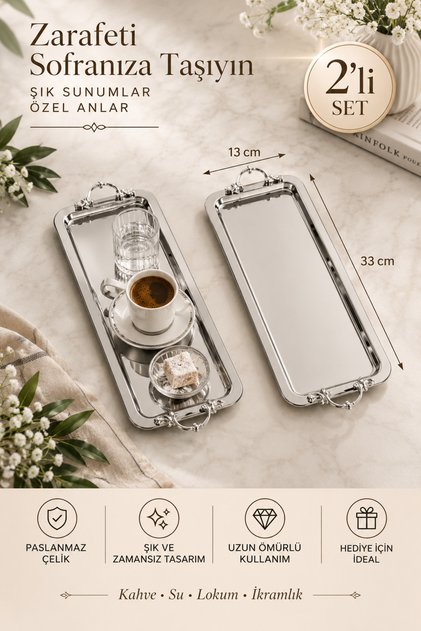 2'li 13x35 cm Paslanmaz Çelik Gümüş Servis ve Sunum Tepsisi Gümüş Kulplu Dikdörtgen Kahve Çay İkram Tepsisi Lokum Çikolata Pasta Tatlı Kahvaltı Servis Tepsisi Dekoratif Tepsi Seti