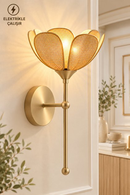 Modern Tasarım Rose Çiçek Aplik Boheme Hazeran Hasır Kumaş Eskitme Gold Elektrikle Çalışır