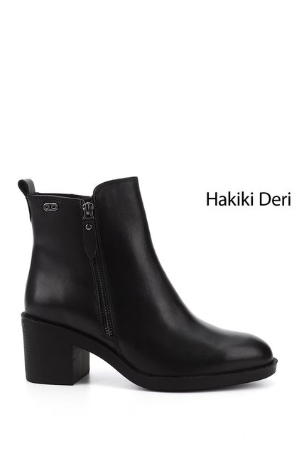 Women's Black Zippered Thick Heeled Genuine Leather Boots