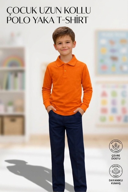 Unisex Girls Boys Polo Collar Cotton Long Sleeve Orange-Orange-Orange Daily Basic School T-Shirt