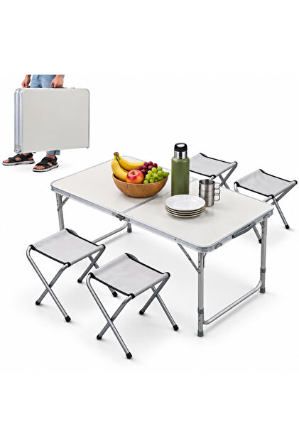 Set masă de camping cu 4 scaune, înălțime reglabilă, picioare antiderapante, aluminiu, argintiu
