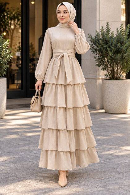Layered Detailed Belted Alina Hijab Evening Dress-Beige